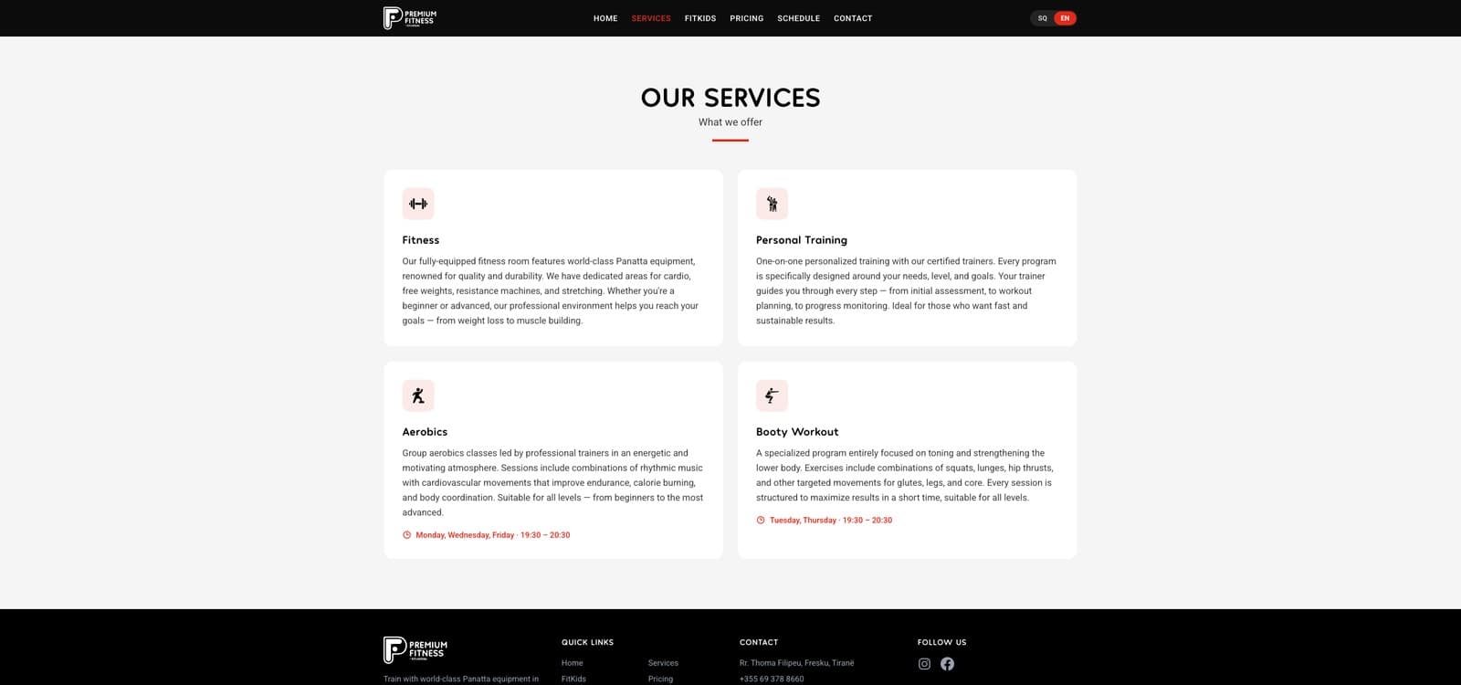 Premium Fitness classes and services grid